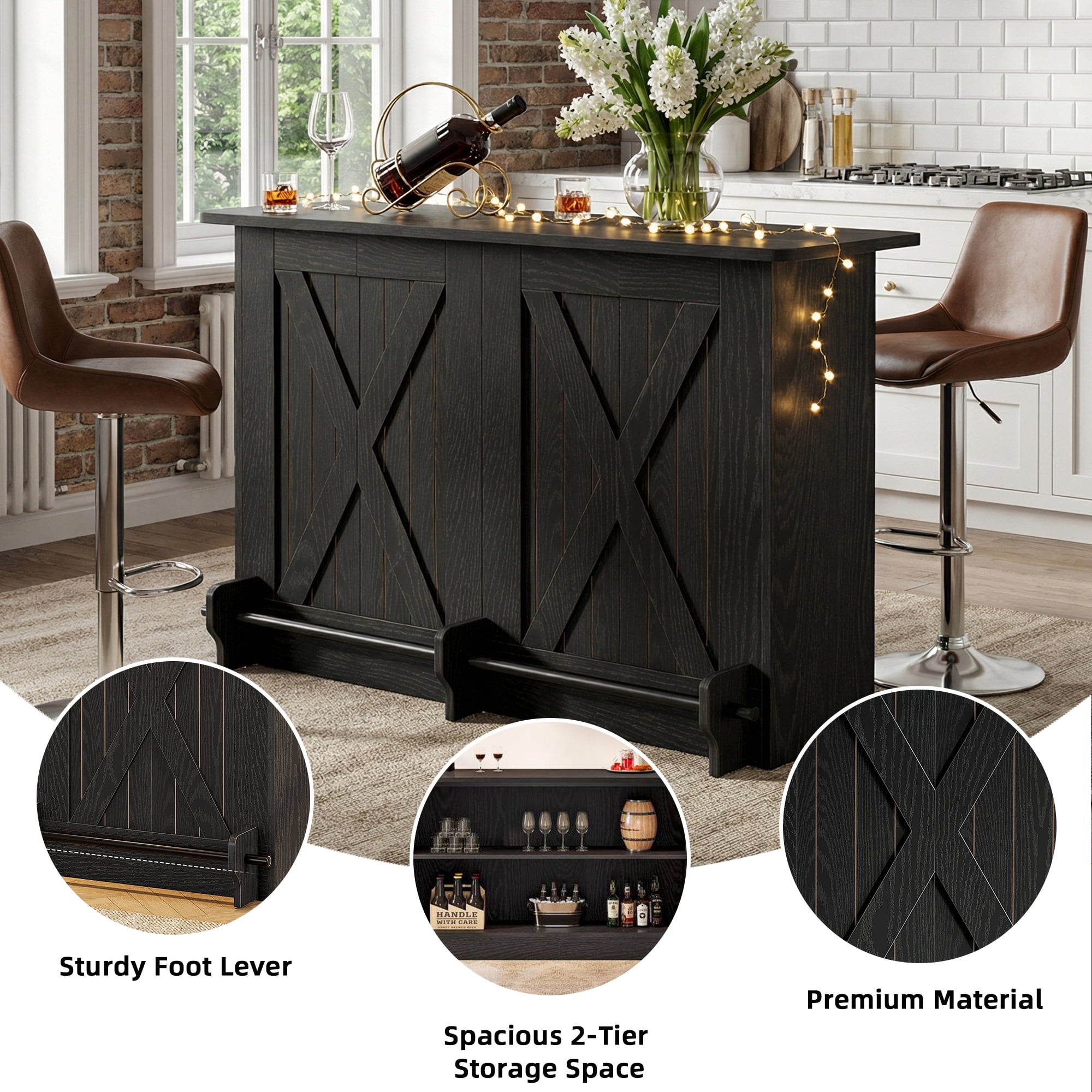 MAYEERTY 63 Inch 2 Tier Home Bar Unit, Industrial Bar Table Coffee Cabinet with Footrest, Adjustable Leg Pads for Home Party Wine Storage