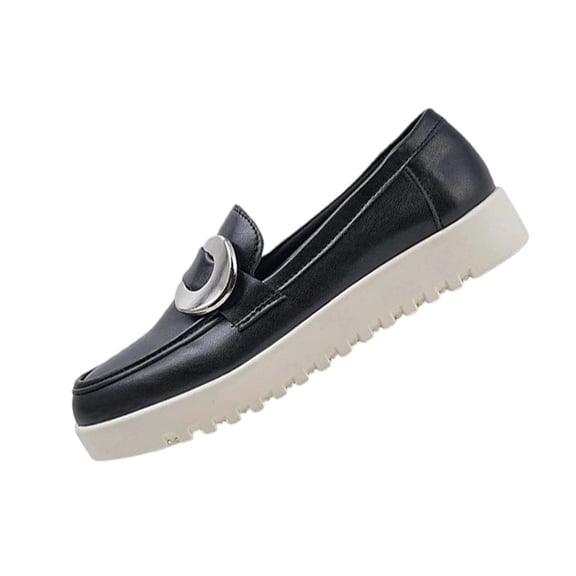 S-891 Black Ladies Low Heel Loafers Round Toe Faux Leather Slip On Buckle Detail Comfortable Casual Flats For Everyday Office And Street Fashion