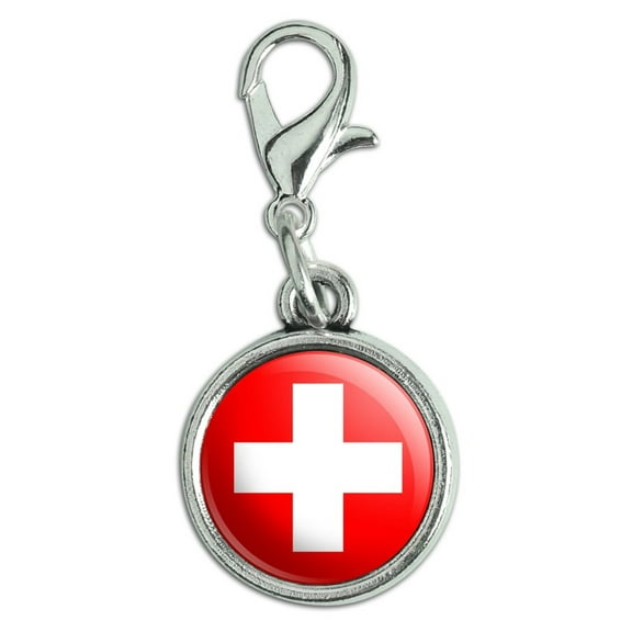 Switzerland National Country Flag Antiqued Bracelet Pendant Zipper Pull Charm with Lobster Clasp