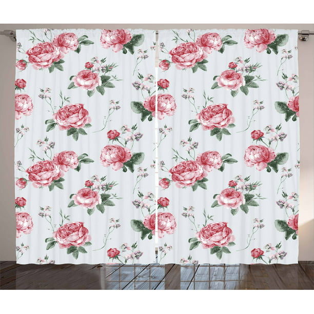 Rose Curtains 2 Panels Set, Blooming English Rose Watercolor Painting Style Garden Shabby Wild Flowers, Window Drapes for Living Room Bedroom, 108W X 84L Inches, Reseda Green Pink, by Ambesonne -