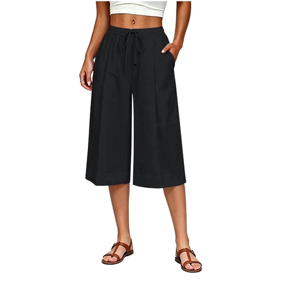 Maean Womens Wide Legs Capris Pants Elastic Waisted Drawstring Capri Pant Casual Trousers with Pockets