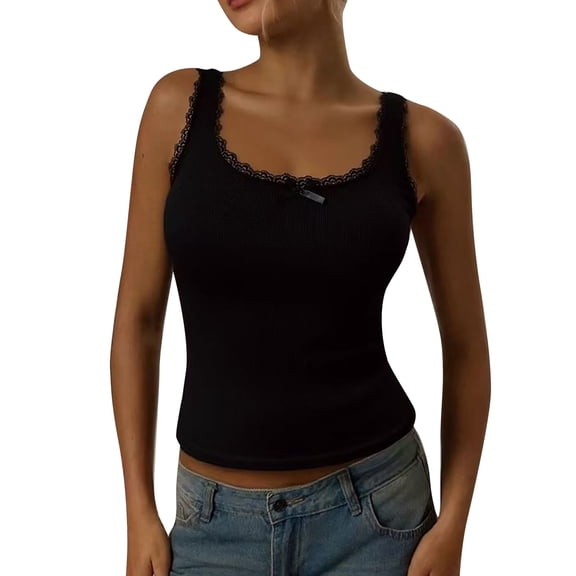 Women's Lace Trim Ribbed Tank Tops, Sexy Square Neck Wide Strap Camisole with Bow, Slim Fit Soft Y2K Going Out Cami Tops Beach Vacation Wear, Black L