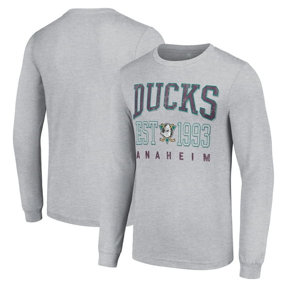 Men's Starter Heather Gray Anaheim Ducks Retro Graphic Long Sleeve Crew T-Shirt