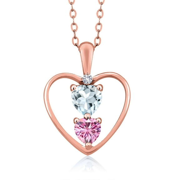 18K Rose Gold Plated Silver Sky Blue Aquamarine Pink Moissanite and White Created Sapphire Pendant Necklace for Women (0.67 Cttw, Gemstone Birthstone, Heart 5MM and 4MM, with 18 inch Silver Chain)