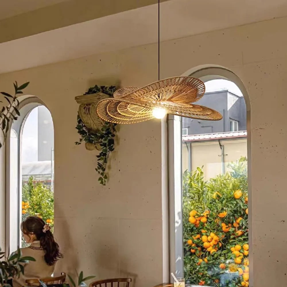 UEEYAC Handwoven Wabi-sabi Rattan Pendant Light Retro B&B Bedroom Living Room Creative Restaurant Chandelier