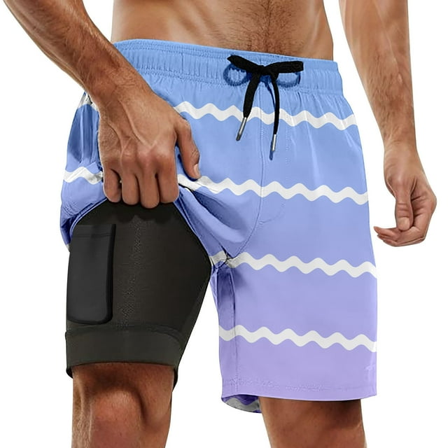 Men's Casual Beach Sports Plus Size Fashion Gradient Striped Double Layer Beach Pants, Compression Lined