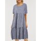 thumbnail image 5 of Vestido estampado a cuadros de moda para mujer, cuello redondo, manga corta, talla grande, vestido v Abanopi Azul/Medio, 5 of 7