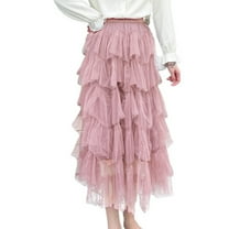 SWSMCLT Women's Tutu Skirt Long Fall Pleated Tulle Skirt Ruffle Mesh High Waist Skirt Pink One Size