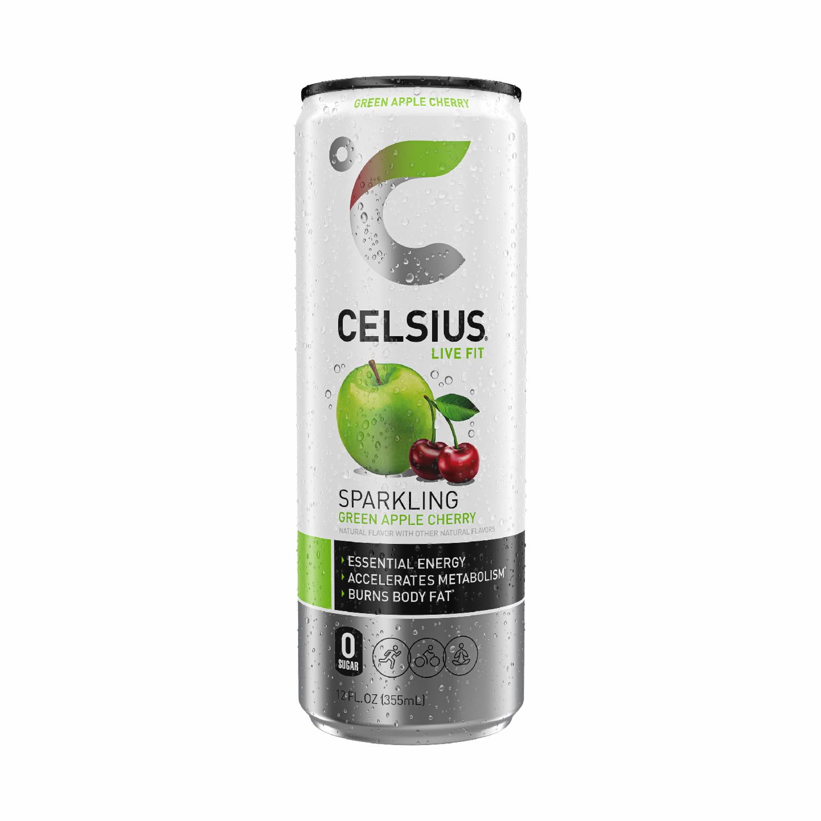 (5 pack) CELSIUS Sparkling Green Apple Cherry, Functional Energy Drink 12 fl oz Single Can