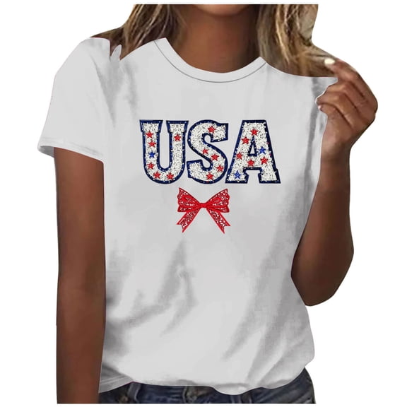 Tnhcen Women's 4th of July Shirt, USA Flag Print T-Shirt, Patriotic Graphic Tee with Stars and Bow, Casual Loose Fit Short Sleeve Round Neck Top for Women S-2XL