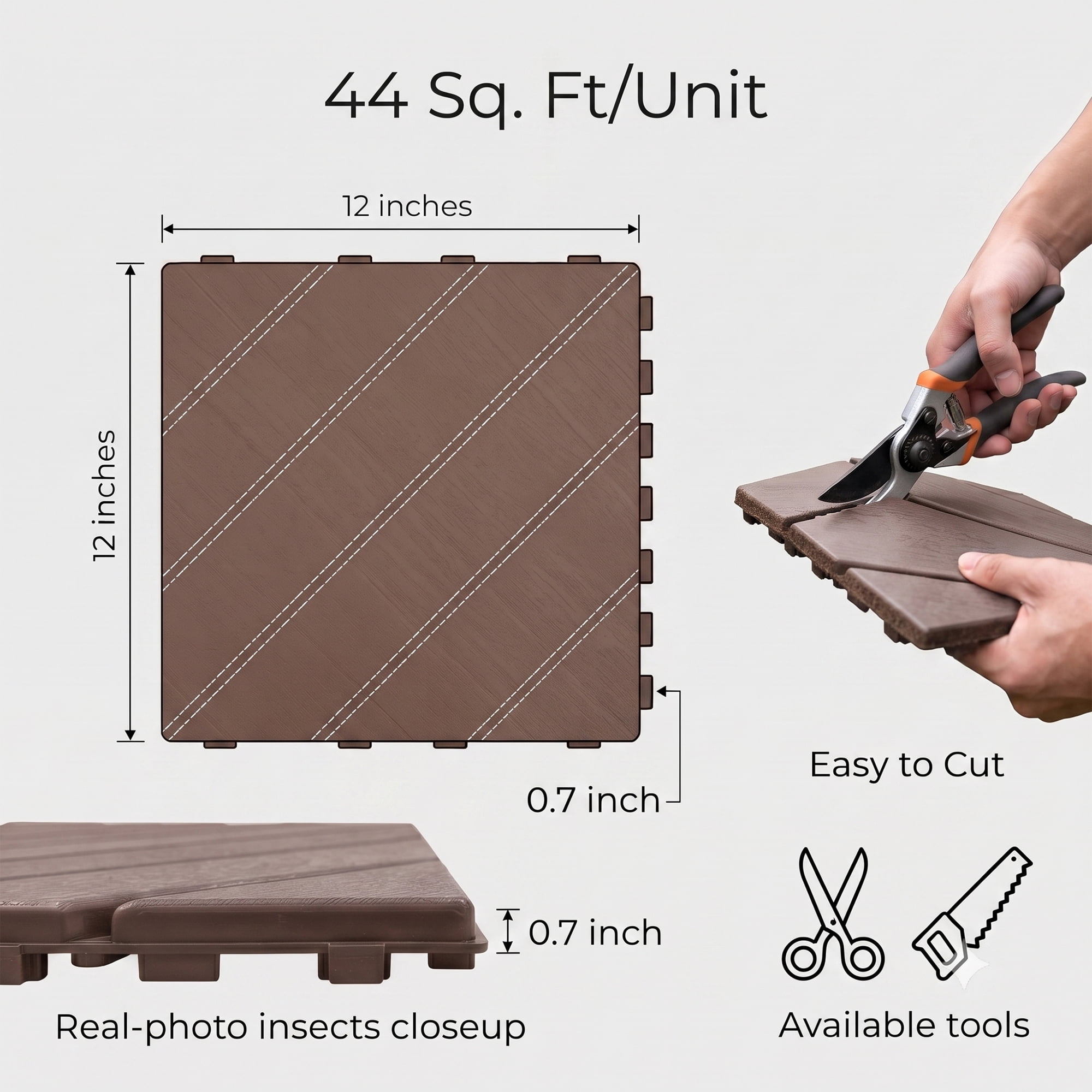 Interlocking Deck Tiles 44-Pack 12x12 Inch, Waterproof Patio Flooring and Snap Together Decking Tiles with Non-Slip Surface for Poolside Porch Garden, Brown