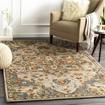 Hauteloom Birtley Boho Hand Tufted Wool Natural Fiber Soft Area Rug - Traditional Floral Carpet for Living Room, Bedroom, Dining Room - Oriental Medallion - Blue, Mustard, Beige - 2' x 3'