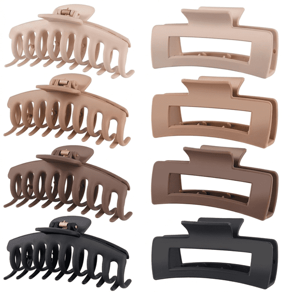ROSEXIXI 8pcs 4.33in,Matte Large Hair Claw Clips for Thick Hair, Non-Slip Square and Shark Jaw Clips, Neutral Nude Coffee Brown & Black Tones, Strong Hold Hair Accessories for Women Daily and Styling