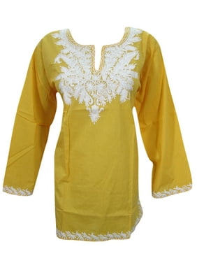 Mogul Women's Cotton Kurta Blouse Top Yellow Hand Embroidered Tunic Kurti Shirt