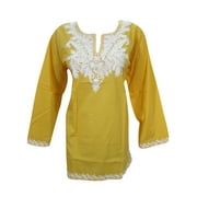 Mogul Women's Cotton Kurta Blouse Top Yellow Hand Embroidered Tunic Kurti Shirt