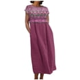 thumbnail image 2 of Meichang Robes Fluides en Coton et Lin pour Femmes Manches Courtes Col Rond Coupe Ample Robes Midi d'Été Imprimé Rétro Décontractées Longues Robes Robes en Lin pour Femmes 2024 Rose Vif TG, 2 of 5