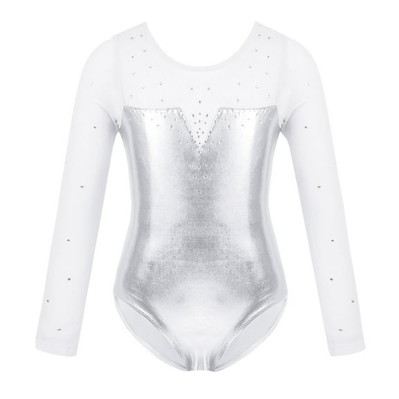 YONGHS Kids Girls Ballet Dance Shiny Metallic Gymnastics Leotard Figure Skating Dancewear Silver 6