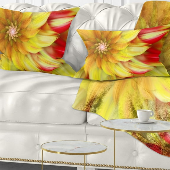 Designart Rotating Yellow Red Fractal Flower - Floral Throw Pillow - 12x20