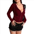 thumbnail image 3 of Chaqueta Corta Ligera Informal con Capucha, Cremallera y Cordón de Larga para Mujer Vino Tinto XXL, 3 of 8