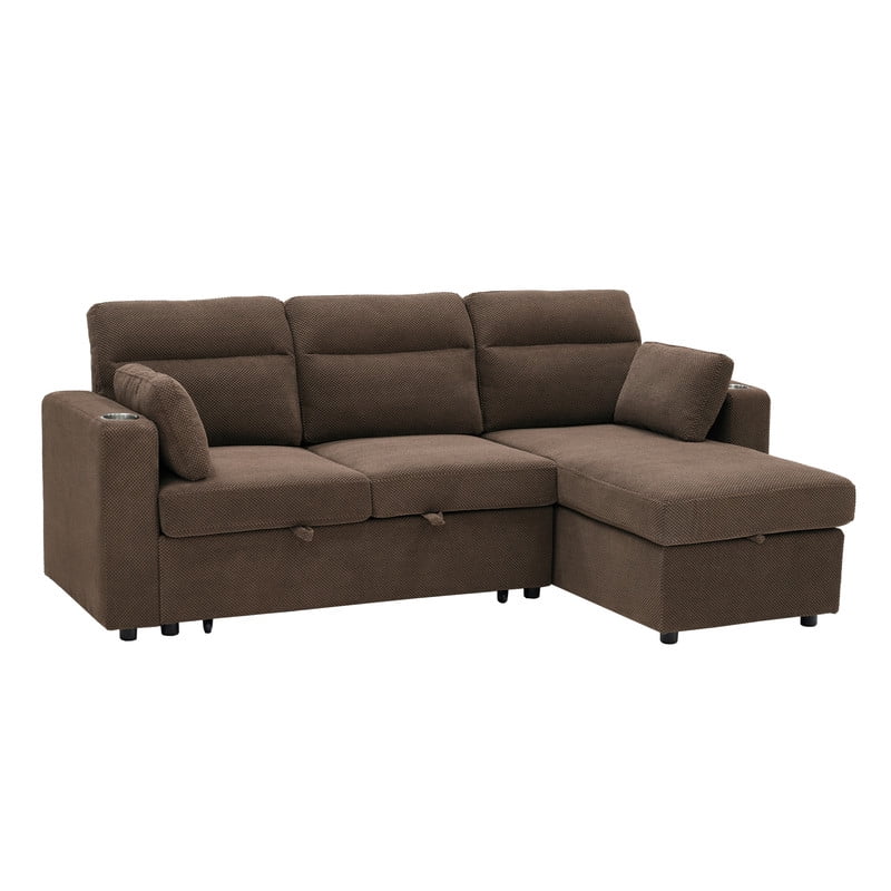 82.5" L-Shaped Convertible Sleeper Sofa, Pull-Out Sectional Sofa Bed with Storage Chaise, Cup Holders & 2 Lumbar Pillows, Modern Sofa Couch for Living Room, Apartment