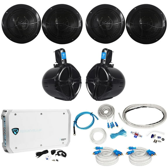 4 Rockville RMC80B 8" 1600w Marine Boat Speakers 8" Wakeboards 6-Ch Amp Wire Kit