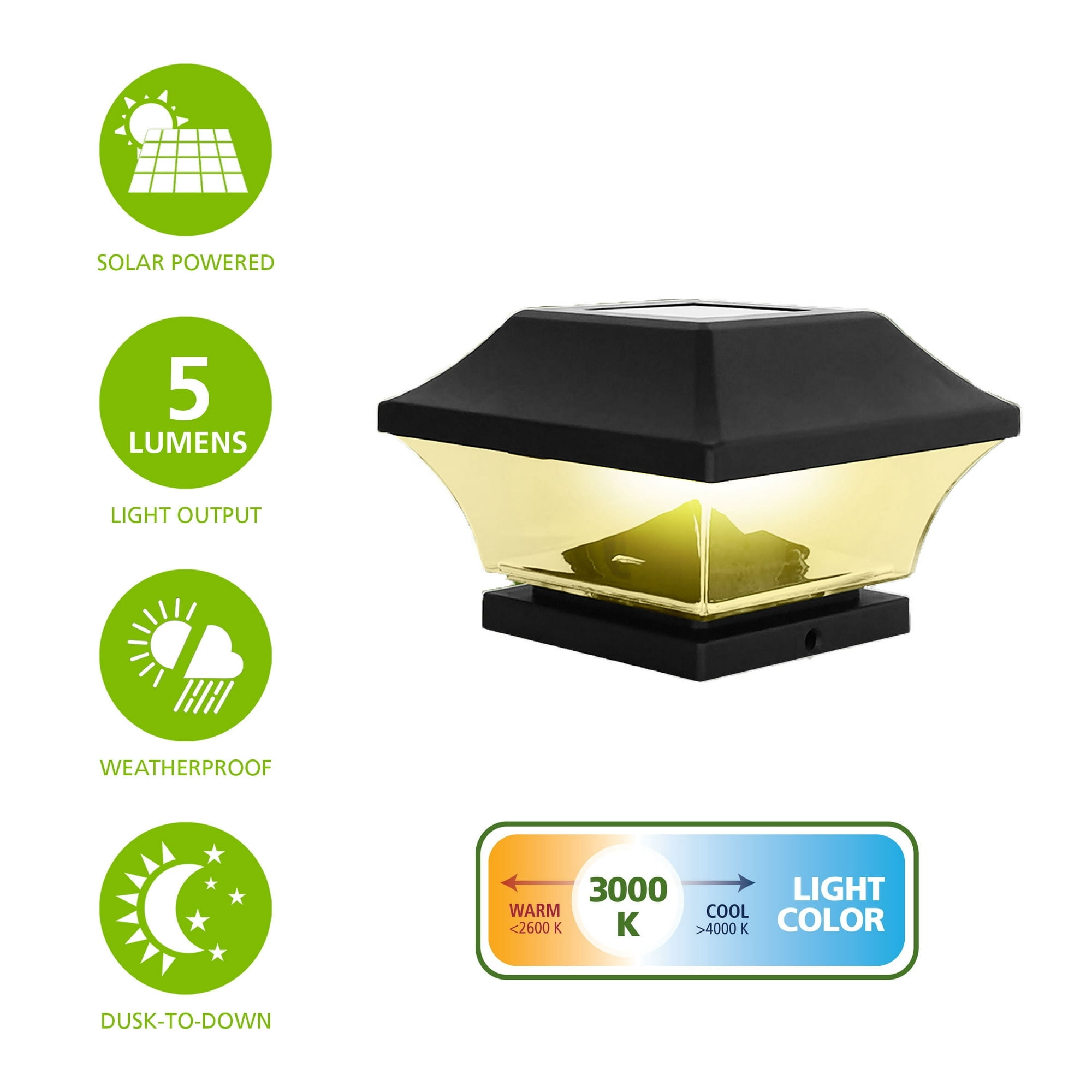 Mainstays Solar Powered Outdoor Integrated LED Post Cap Light, 5 Lumens, Black