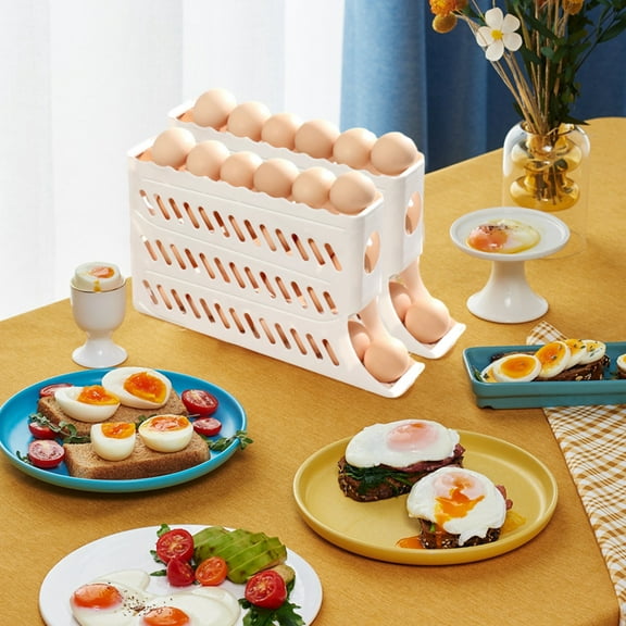 4-Tier Automatic Rolling Egg Holder for Fridge - Space-Saving Refrigerator Organizer with Slide Rail & Railing Protection, Holds 30 Eggs, Durable Kitchen Storage Essential