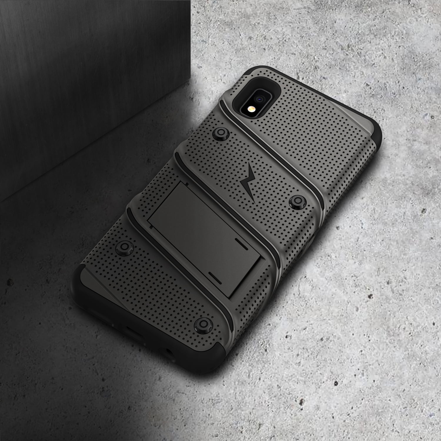 ZIZO BOLT Series for Samsung Galaxy A10e Case | Heavy-duty Military-grade Drop Protection w/ Kickstand Included Belt Clip Holster Tempered Glass Lanyard (Metal Gray/Black)