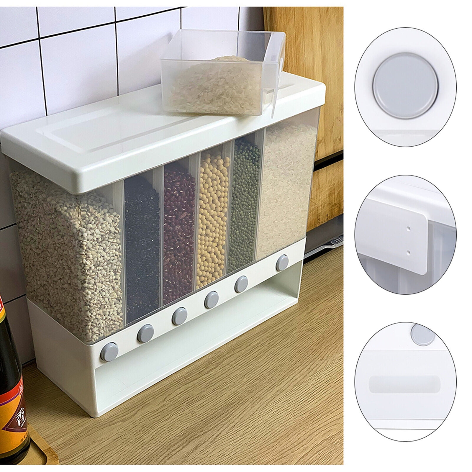 6 Grid Kitchen Cereal Dispenser Wall Mount Rice Barrel Coarse Grain