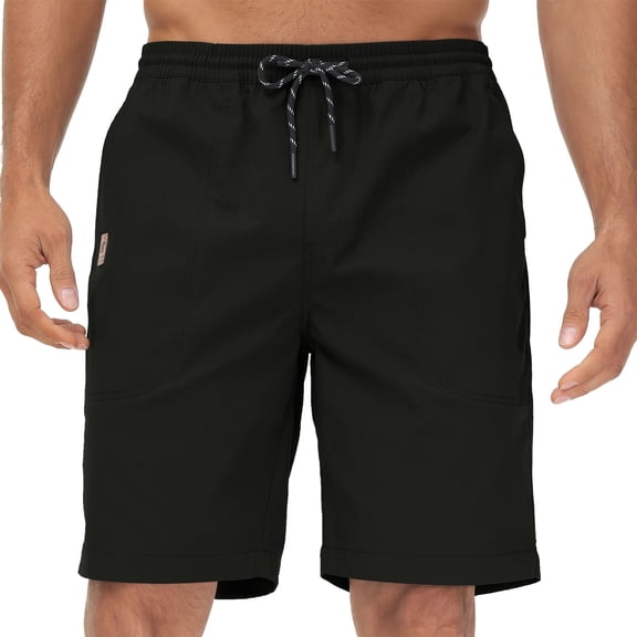 QPNGRP Men's Casual Shorts with Zipper Pockets Elastic Waistband with Drawstring Cargo Stretch Short Black