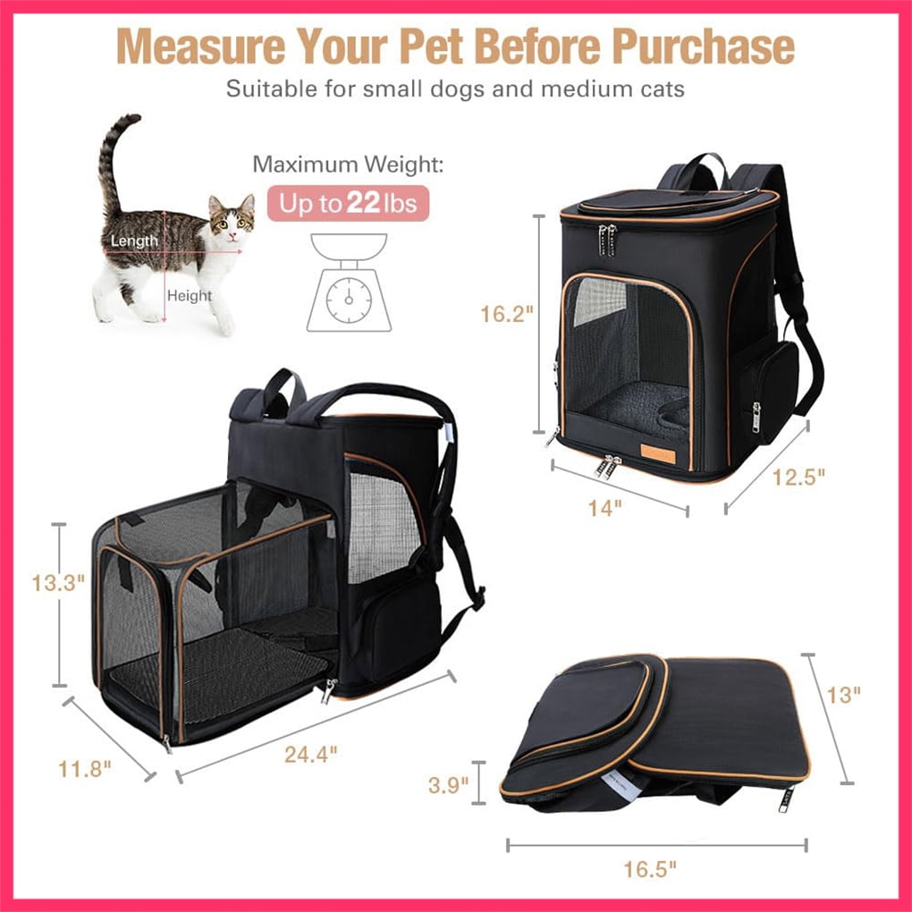 Lekesky - Large Cat & Dog Backpack Carrier (Up to 25Lbs) - Expandable, Airline Approved, Safety Leash, 3 Sizes | Black
