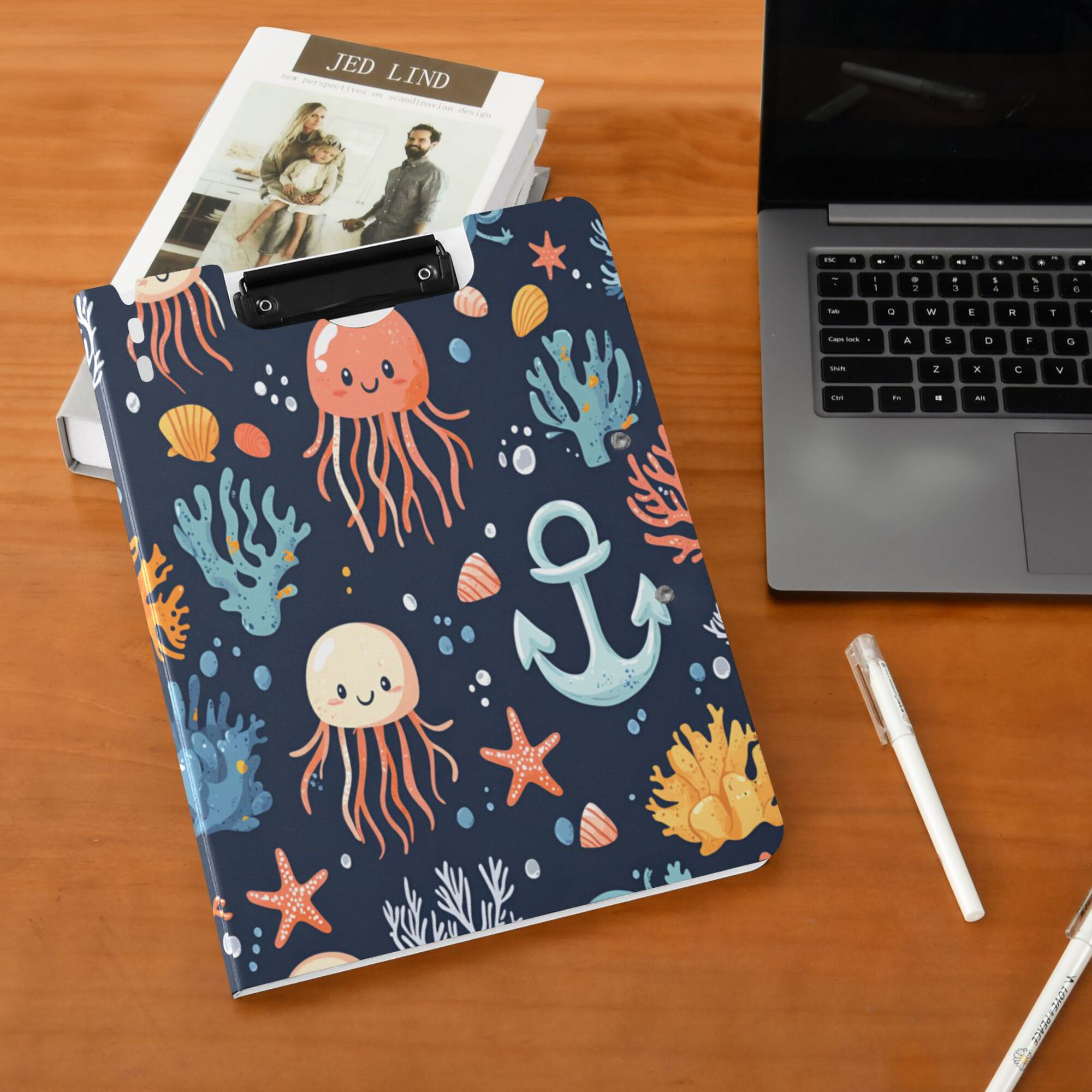 FORMRS A4 Clipboard Folder with Pen Holder Horizontal Foldable School Office Binder, Red Jellyfish