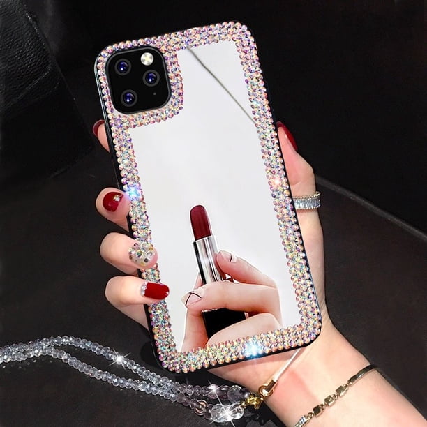 Funda con diamante de espejo para iPhone 14, 11 Pro MAX, XS, XR, SE 2020, 7, 8 Plus, 12, 13 Pro, anillo de apoyo, funda de silicona suave con joyas ostentosas Fivean unisex