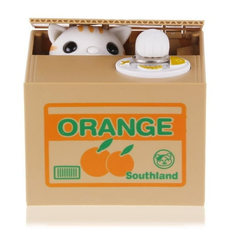 B11702 Funny Cat Stealing Coin in orange Box Kitty Piggy Bank Home Decor Gift