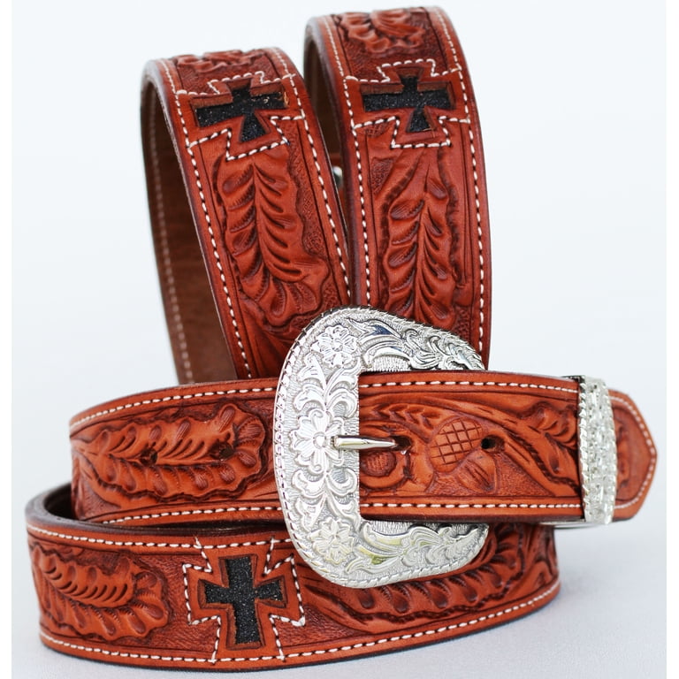 Hand Tooled Floral Leather Belt w/ Silver Buckle | Brown | 30 Coolhorse Leather 1 1/2 main image 3