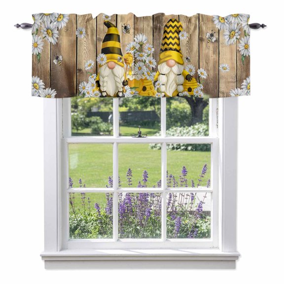 Farmhouse Rustic Valance Curtains, Gnome Daisy Floral Bee Retro Wood Grain Rod Pocket Short Window Curtain for Kitchen Bathroom Bedroom, 60"x18"