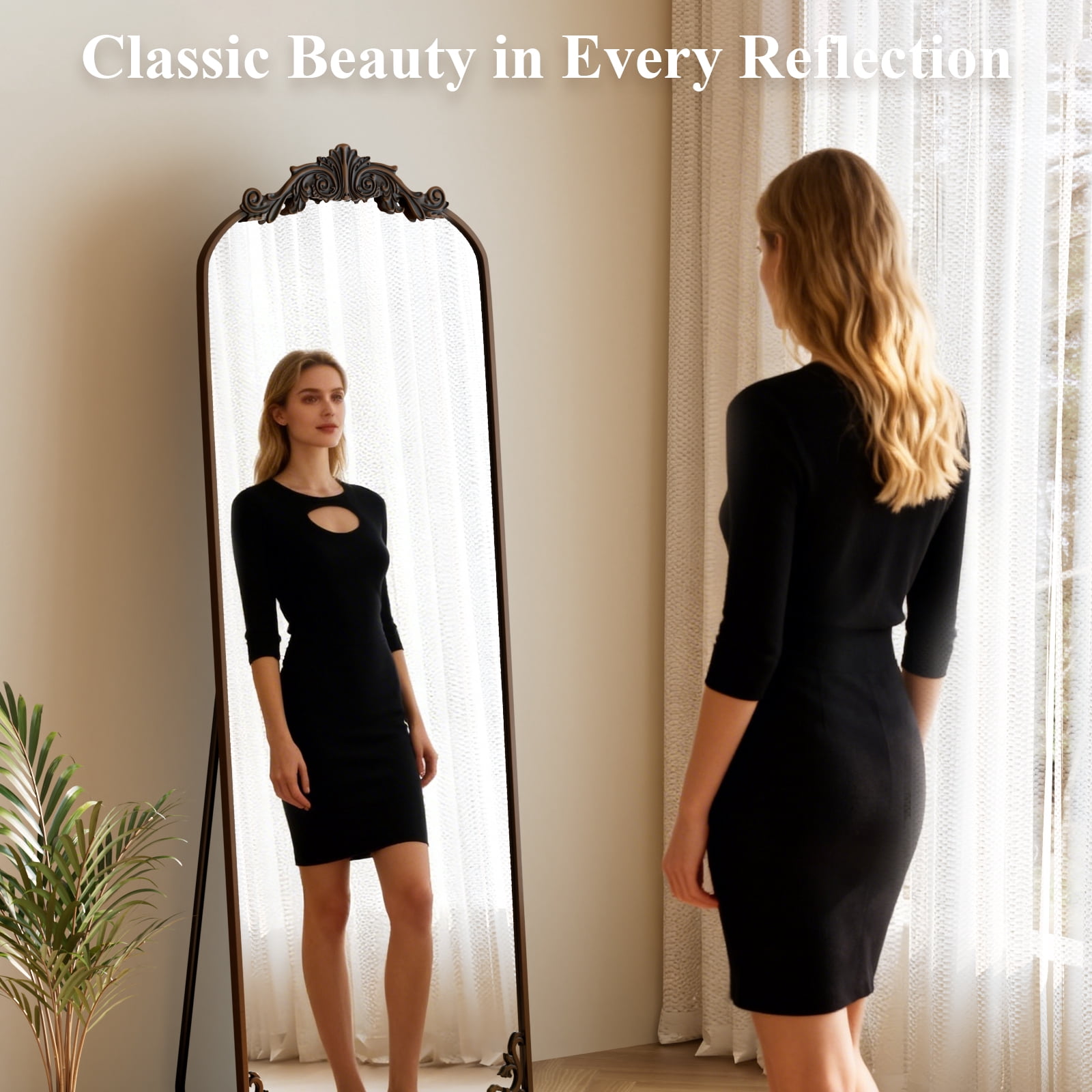 Mirstory 71"x 32" Arched Full Length Mirror Baroque Vintage Mirror with Carved Metal Frame, Antique Bronze