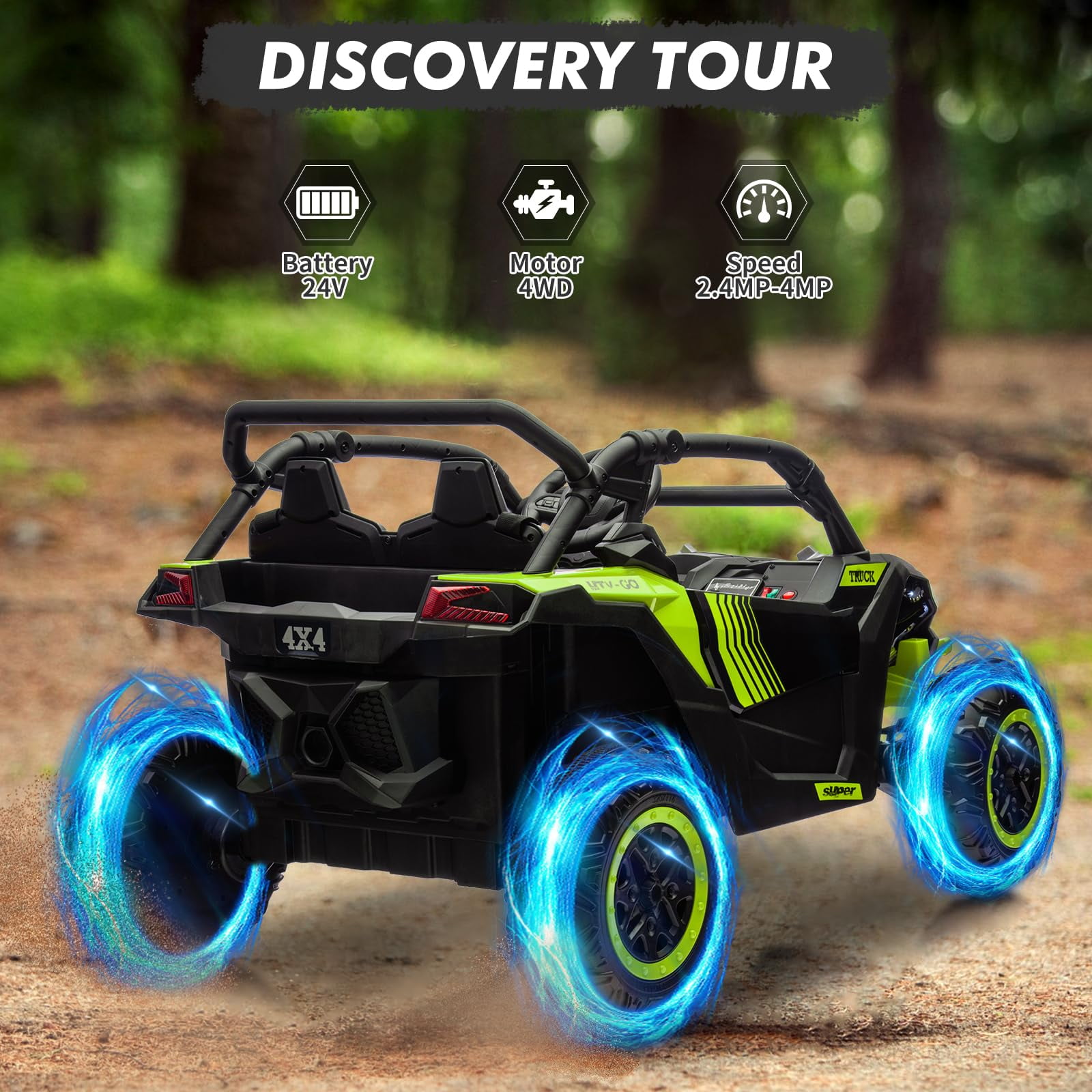 Luku 24V 2-Seater 4WD Kids Ride-On UTV, Parent Remote Control, 4 Shock Absorbers, LED Lights, Music, 3-Speed, Off-Road Electric Truck for Ages 3+