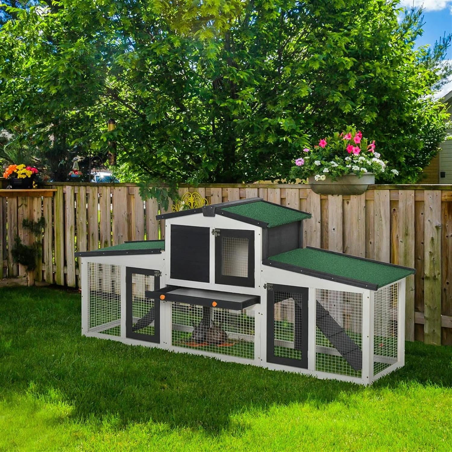 Kadyn 77" Wooden Rabbit Hutch with Double Side Run Boxes, Outdoor Small Animal Habitat Chicken Coop Bunny Cage for Bunnies, Guinea Pigs, Gray