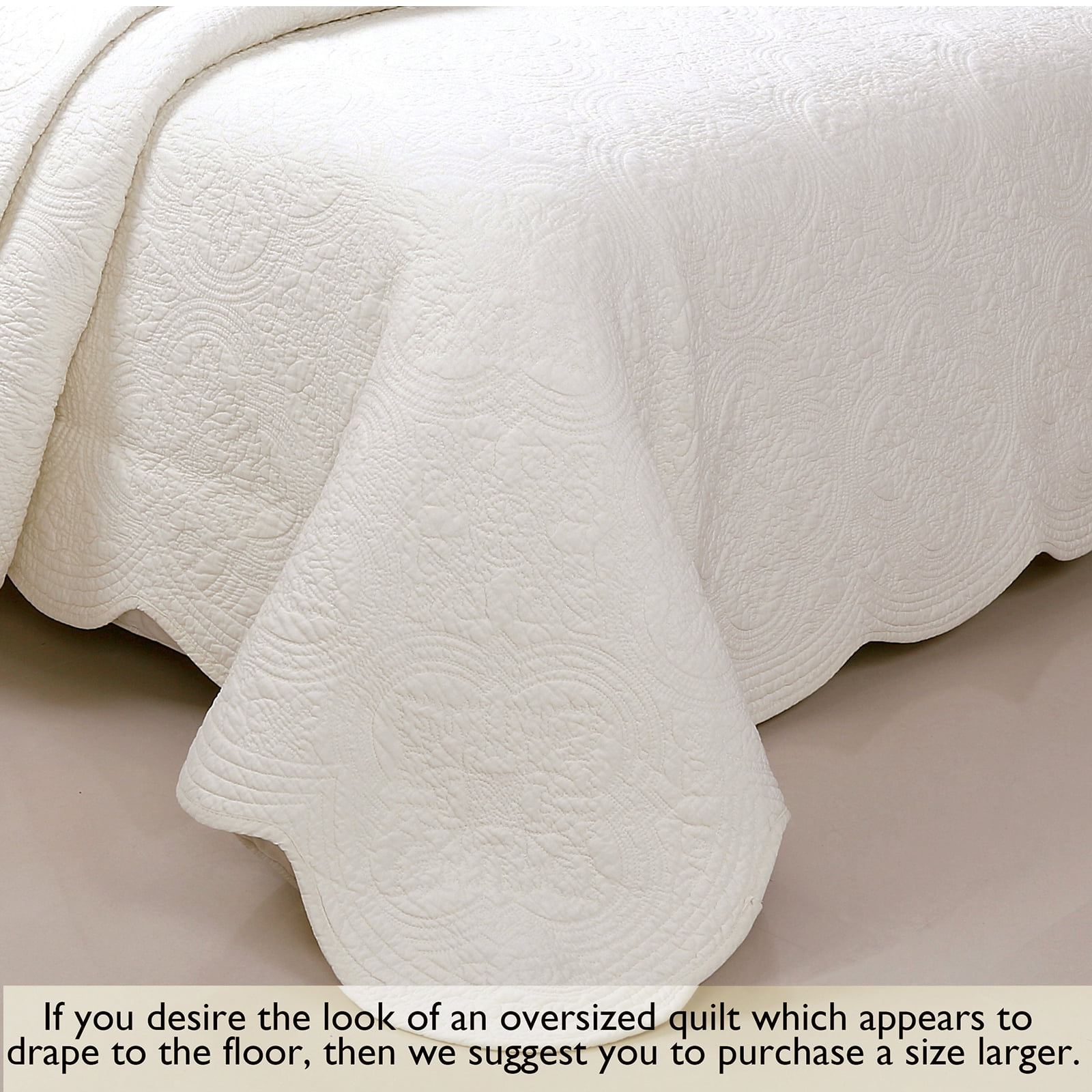 Cozy Line Victorian Medallion Matelasse Scalloped Edge 100% Cotton 3-Piece Ivory Cream Quilt Bedding Set, Queen
