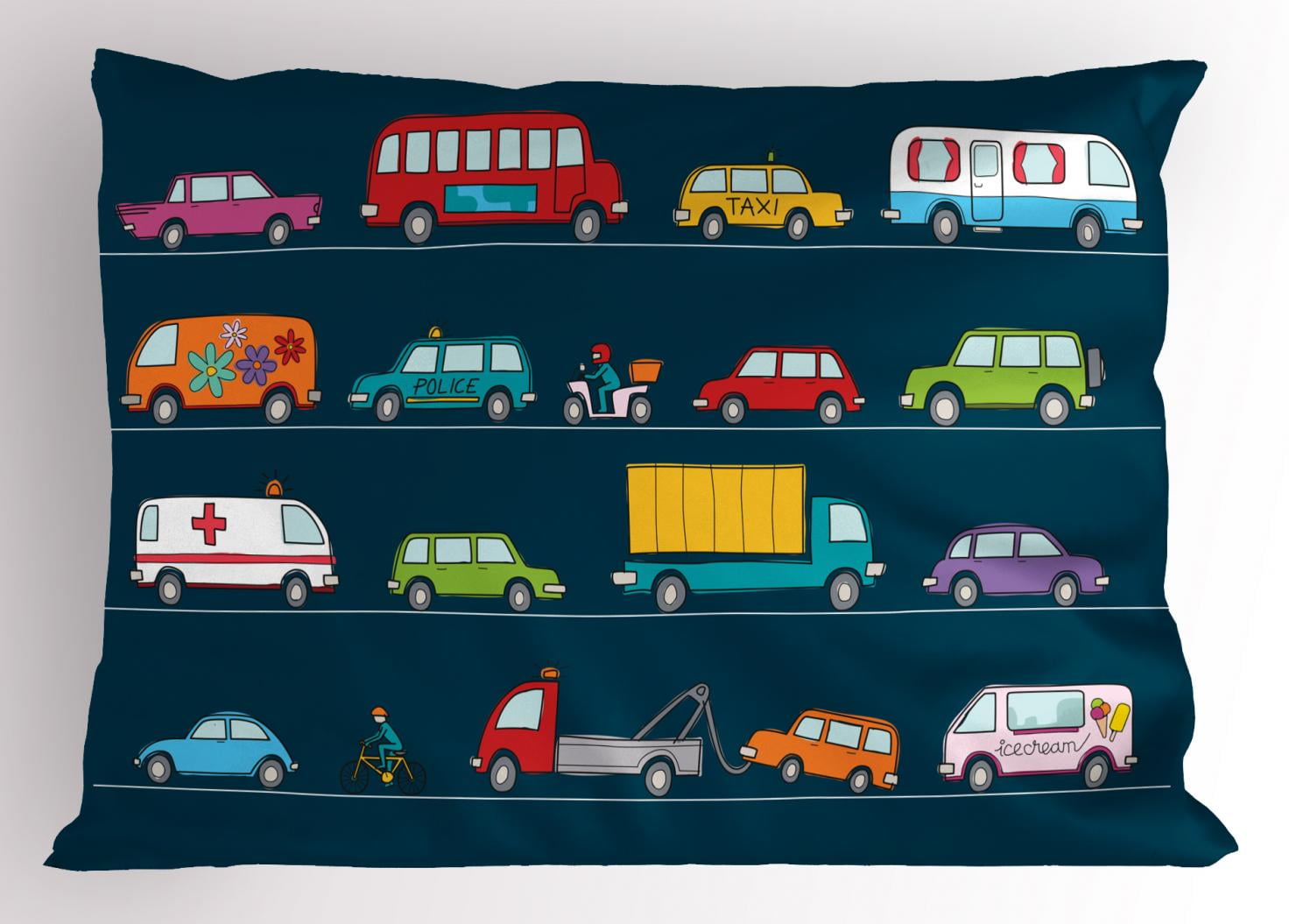 Cars Pillow Sham, Hand Drawn Various Types Vehicles Trucks Hippie Van