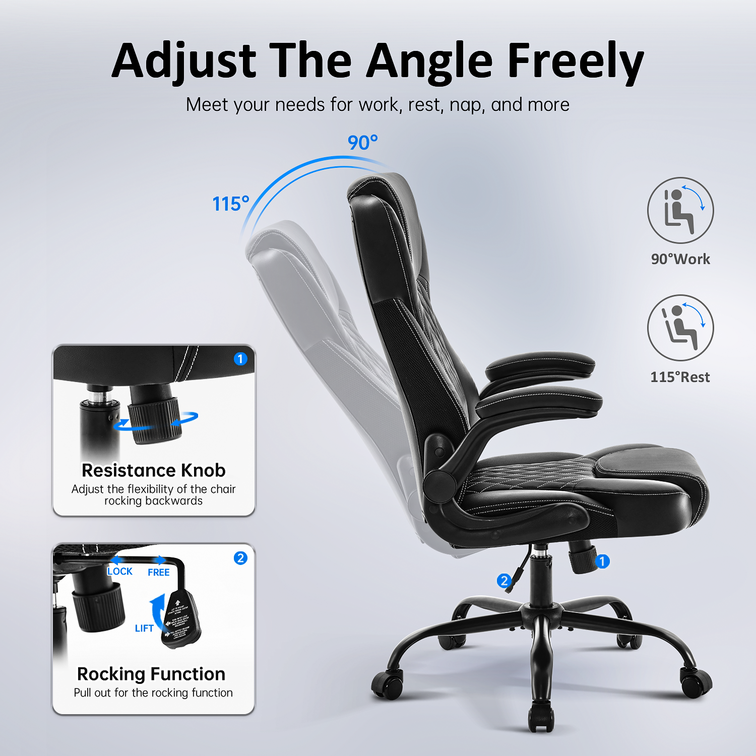 TMV 10-Position Adjustable Office Chair, Reclining Work Chair with Lumbar Support，White