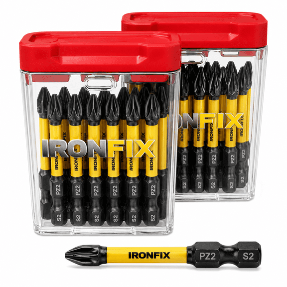 IRONFIX 40 Pack PZ2 Impact Driver Bits, 2 Inch Magnetic Pozidriv Screwdriver Bits, S2 Steel Impact Rated Drill Bits, 1/4 Inch Hex Shank Screw Bits with 2 Portable Storage Cases