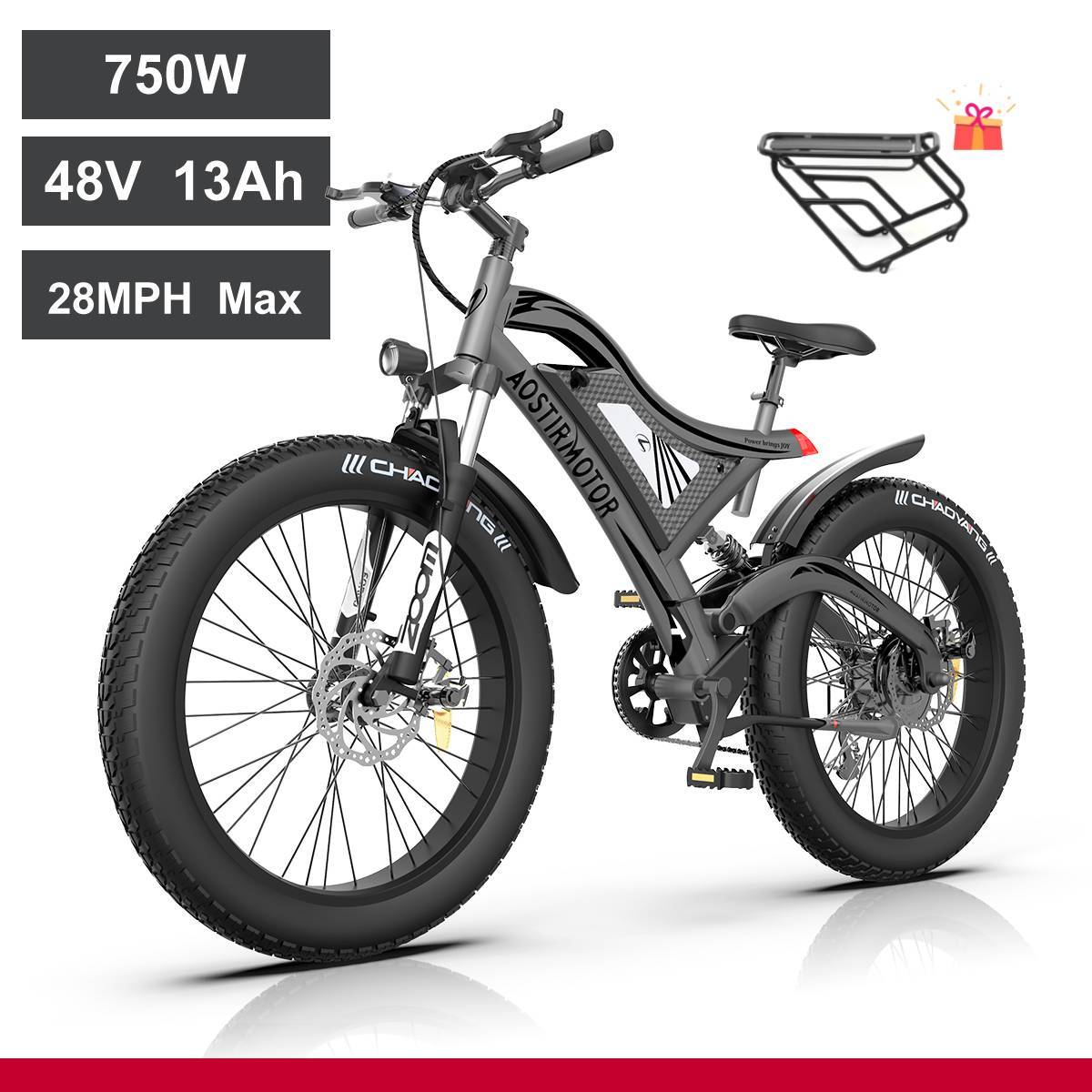 AOSTIRMOTOR Electric Mountain Bike 750W 48V15Ah Removable Lithium Battery,  Fat Tire Ebike 26x4.0 inch Electric Bike for Adults，Grey