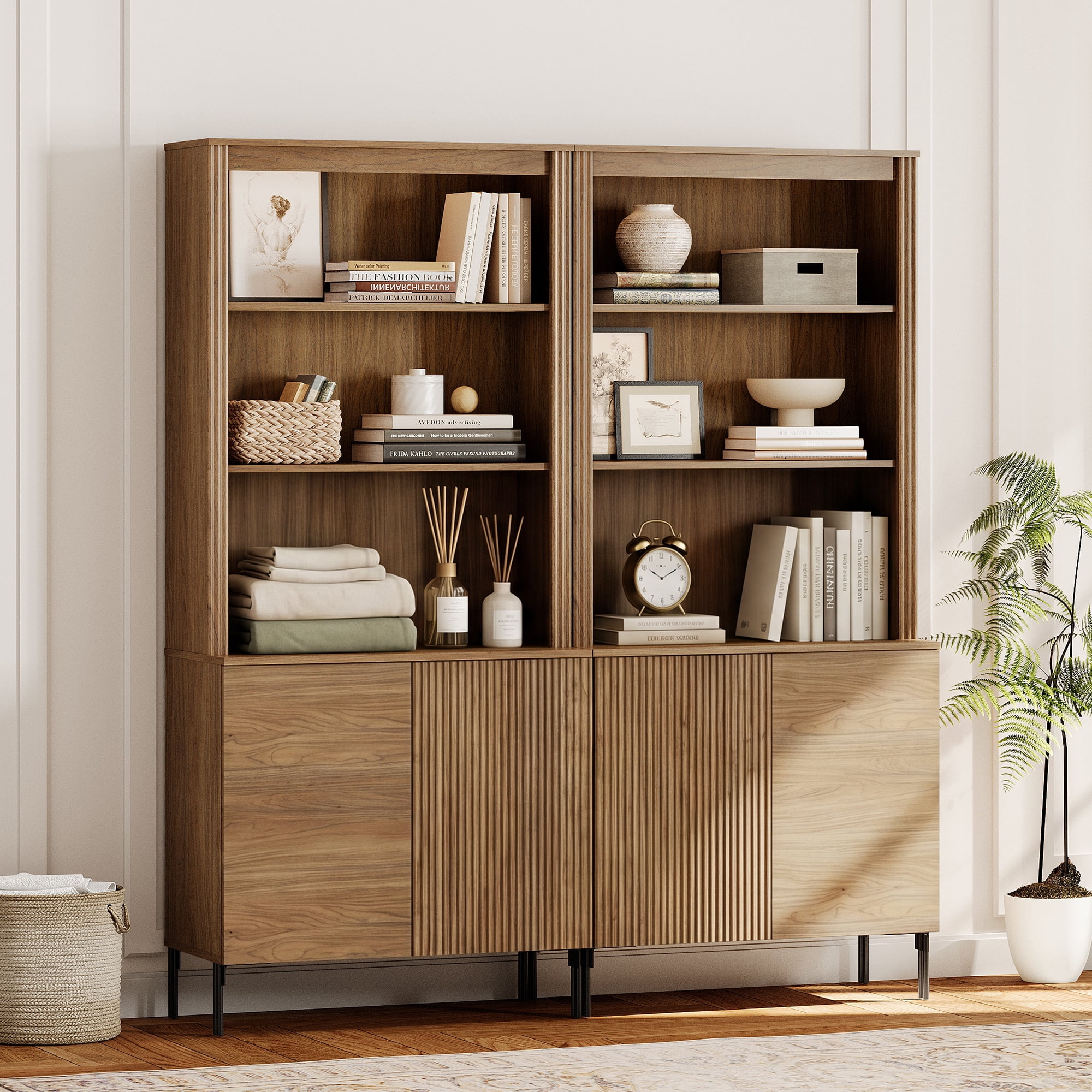 63"W Fluted Kitchen Hutch Sideboard with Adjustable Shelves, Wooden Modern Buffet Hutch Cabinet with 4 Doors And 10 Tier Shelves