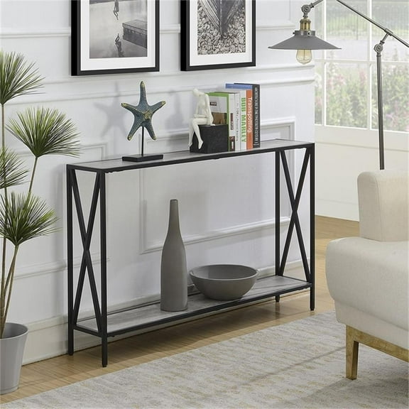 Pemberly Row Transitional Console Table in Faux Birch Gray Wood Finish