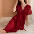 thumbnail image 4 of Defitshape Women's Short Sleeve Silky Nightgown Summer Soft Satin Lace Sleepwear Sexy Cutout Sheer V Neck Nighty Burgundy Large, 4 of 5