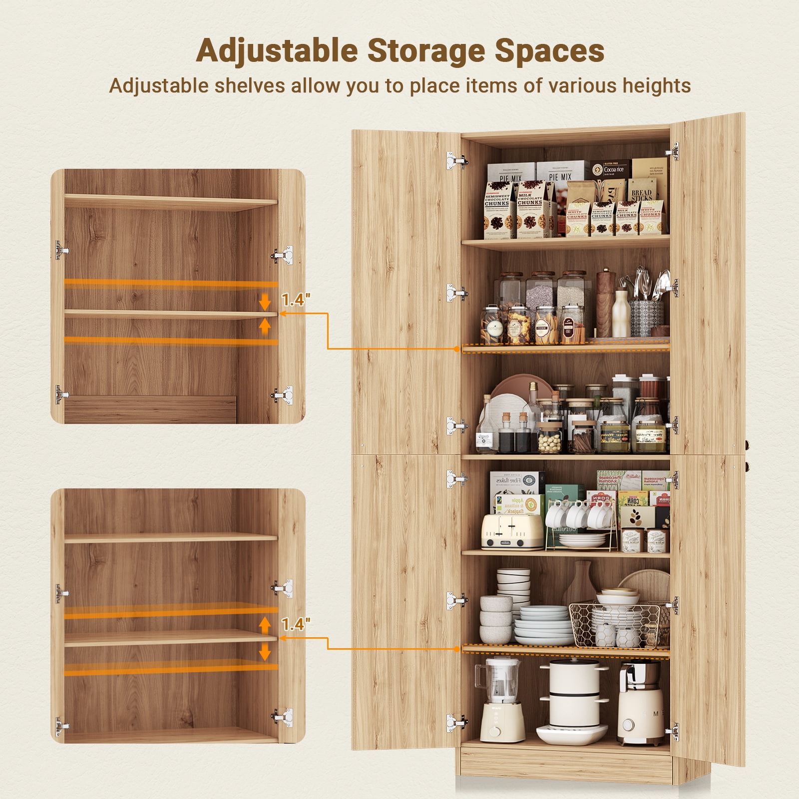 Homieasy 80" Kitchen Pantry Cabinet, Extra Tall Arch Storage Cabinet, Natural