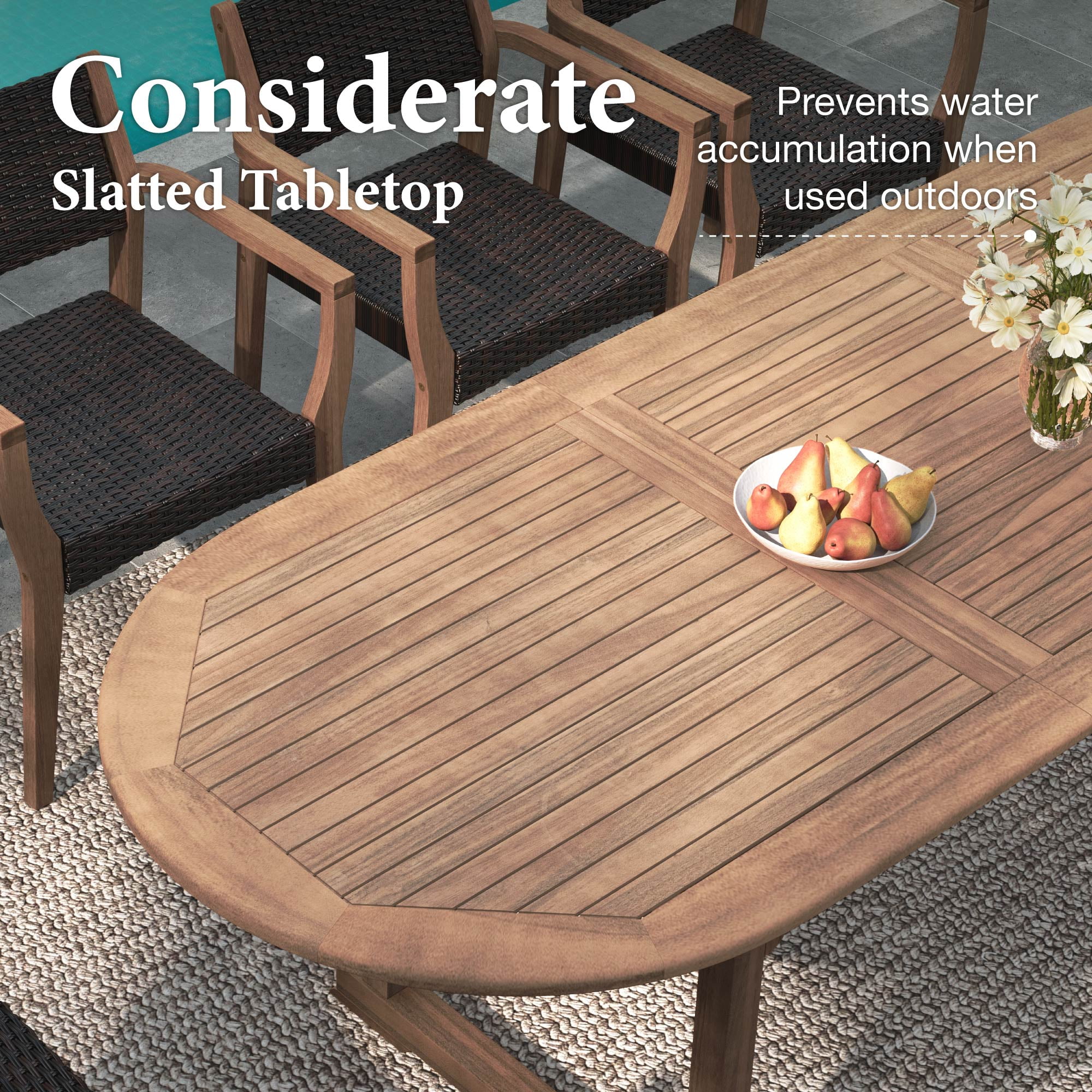 MF Studio 7-Piece Acacia Wood Outdoor Patio Dining Set with Extendable Table and Rattan Chair for 6 People, Wood Frame & Wicker Seat, Dark Brown