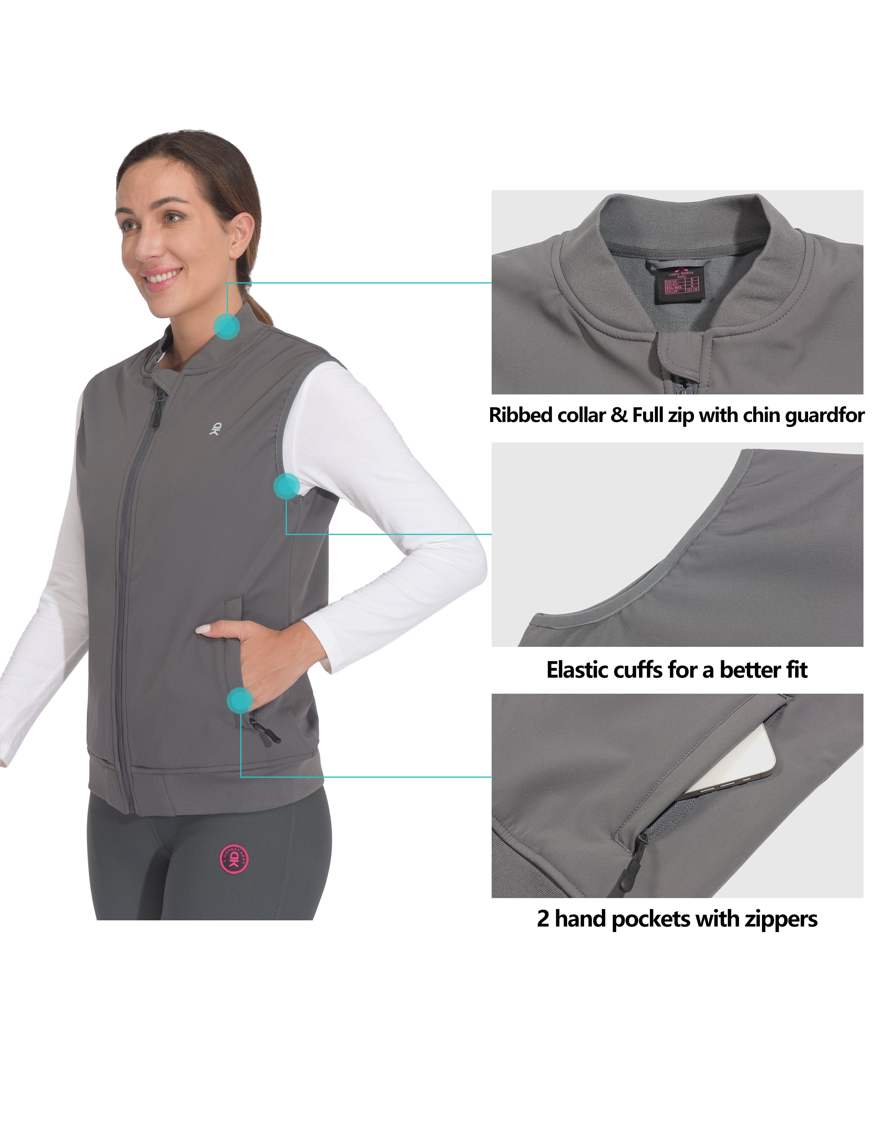 Little Donkey Andy Lightweight Fleece Lined Golf Hiking Vest for Women Waterproof Softshell Running Casual Sleeveless Jacket Steel Gray L
